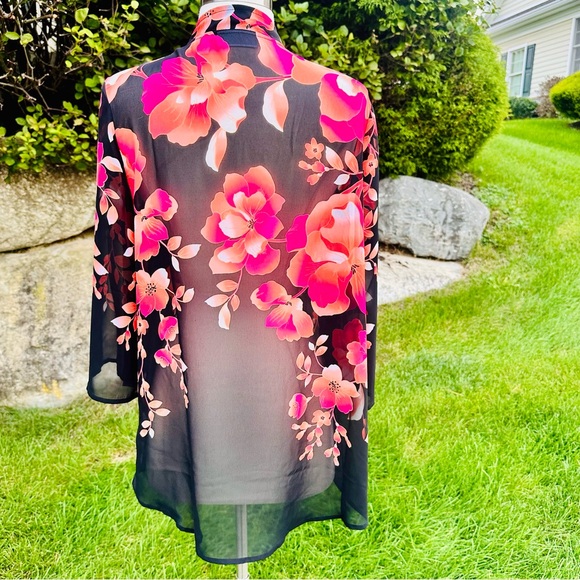 Susan Graver Kimono Black Chiffon Open Front Floral Print - Picture 11 of 16